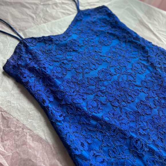 EUC VTG 90s slip M Bretton’s Private Label bright cobalt blue lace overlay MINT - Picture 13 of 16